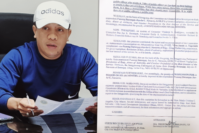 Tibag, Tarlac City, village chief Jay-ar Navarro suspended.