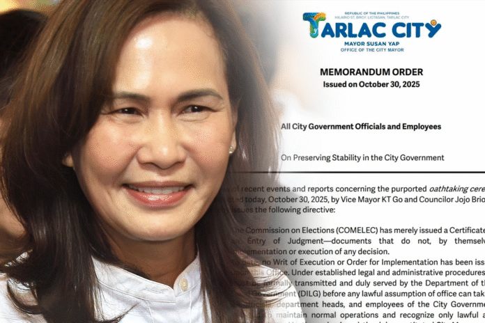 Mayor Susan Yap issued a firm memorandum order on Thursday, October 30, 2025, directing all city officials and employees to ignore a rival oath-taking ceremony and recognize only her authority.