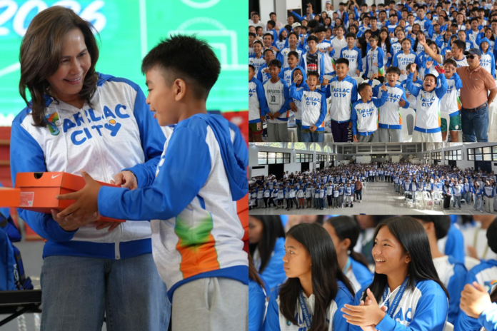 Mayor Susan Yap leads the distribution of uniforms and sports equipment to Tarlac City student-athletes during the CLRAA 2026 send-off ceremony (Photos: Tarlac City Government)