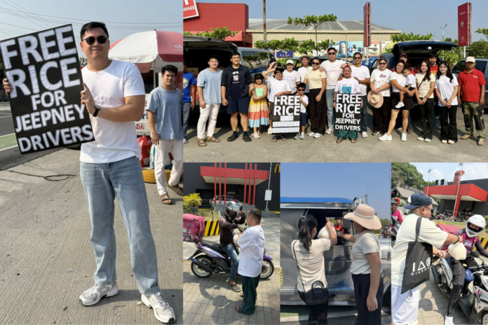 Chaster Cura, together with his family and friends, at the free rice drive for jeepney drivers and delivery riders along McArthur Highway in Tarlac (Image Credited: Chaster Cura/FB)